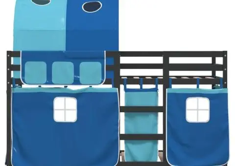 Pat supraetajat cu perdele, albastru, 90x200 cm, lemn masiv pin - 5/5