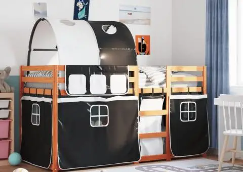 Pat supraetajat de copii perdele, alb/negru, 80x200 cm lemn pin - 1/5