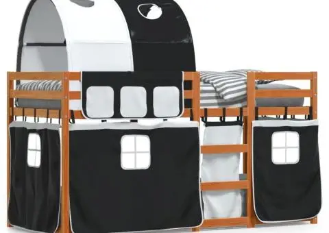 Pat supraetajat de copii perdele, alb/negru, 80x200 cm lemn pin - 2/5