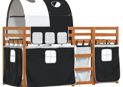 Pat supraetajat de copii perdele, alb/negru, 80x200 cm lemn pin - 3/5