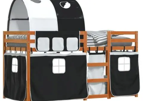 Pat supraetajat de copii perdele, alb/negru, 80x200 cm lemn pin - 4/5