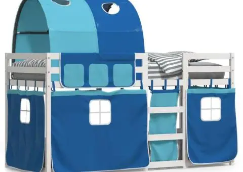 Pat supraetajat cu perdele, albastru, 75x190 cm, lemn masiv pin - 2/5