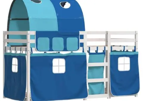 Pat supraetajat cu perdele, albastru, 75x190 cm, lemn masiv pin - 3/5