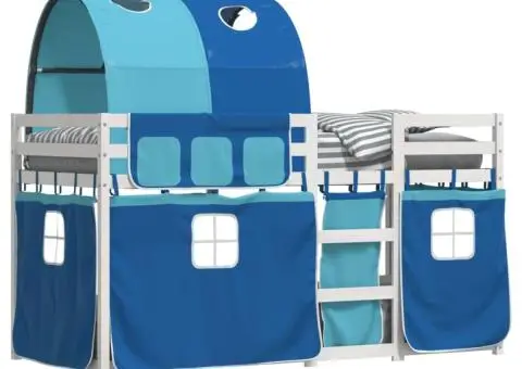 Pat supraetajat cu perdele, albastru, 75x190 cm, lemn masiv pin - 4/5