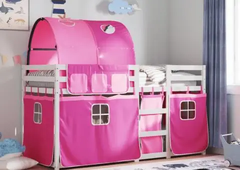 Pat supraetajat cu perdele, roz, 90x200 cm, lemn masiv pin - 1/5