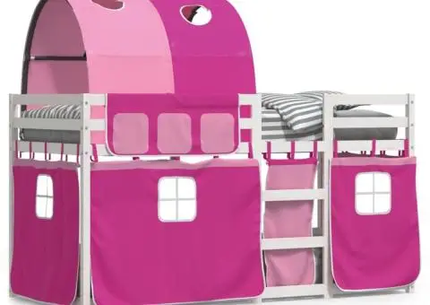 Pat supraetajat cu perdele, roz, 90x200 cm, lemn masiv pin - 2/5