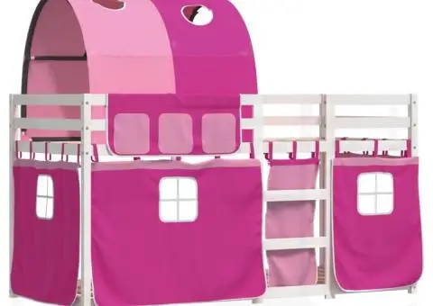 Pat supraetajat cu perdele, roz, 90x200 cm, lemn masiv pin - 3/5