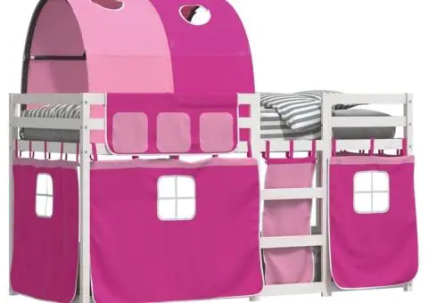 Pat supraetajat cu perdele, roz, 90x200 cm, lemn masiv pin - 4/5