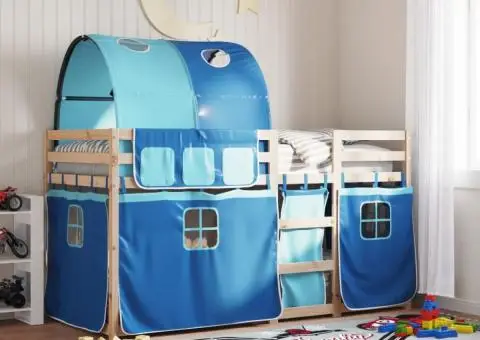 Pat supraetajat cu perdele, albastru, 90x200 cm, lemn masiv pin - 1/5