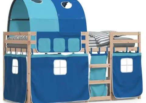 Pat supraetajat cu perdele, albastru, 90x200 cm, lemn masiv pin - 2/5