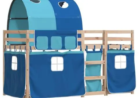 Pat supraetajat cu perdele, albastru, 90x200 cm, lemn masiv pin - 3/5