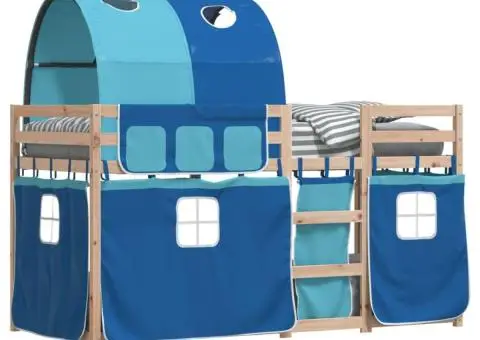 Pat supraetajat cu perdele, albastru, 90x200 cm, lemn masiv pin - 4/5