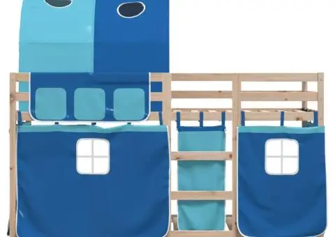 Pat supraetajat cu perdele, albastru, 90x200 cm, lemn masiv pin - 5/5