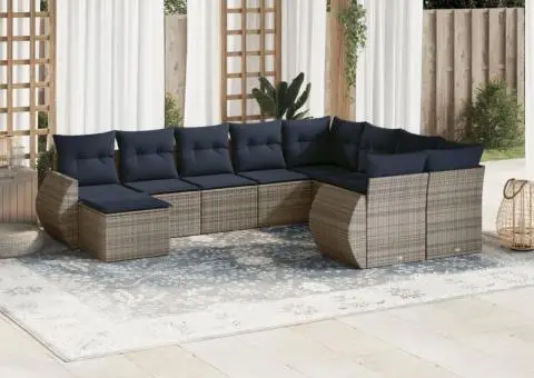 Set canapele de grădină cu perne, 10 piese, gri, poliratan - 1/3