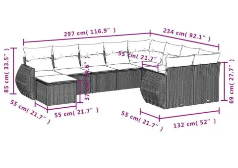 Set canapele de grădină cu perne, 10 piese, gri, poliratan - 3/3
