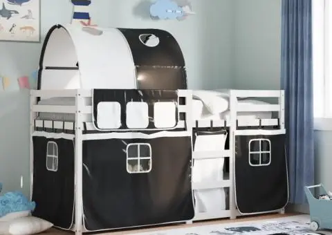 Pat supraetajat de copii perdele, alb/negru, 90x200 cm lemn pin - 1/5