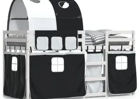 Pat supraetajat de copii perdele, alb/negru, 90x200 cm lemn pin - 2/5