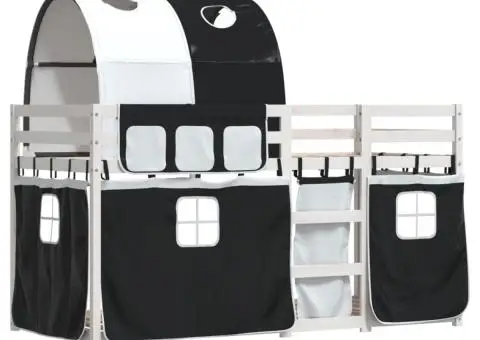 Pat supraetajat de copii perdele, alb/negru, 90x200 cm lemn pin - 3/5