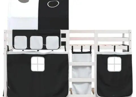 Pat supraetajat de copii perdele, alb/negru, 90x200 cm lemn pin - 5/5