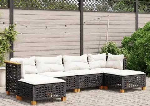 Set mobilier de grădină cu perne, 6 piese, negru, poliratan - 1/5