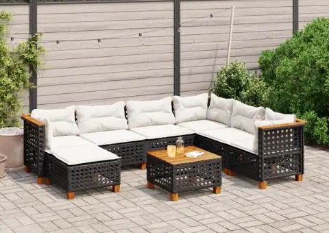 Set mobilier de grădină cu perne, 8 piese, negru, poliratan - 1/5