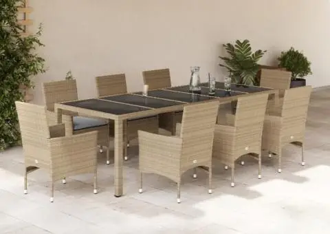 Set mobilier de grădină cu perne 9 piese bej poliratan & sticlă - 1/5