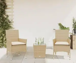 vidaXL Set bistro cu perne, 3 piese, bej, poliratan și sticlă