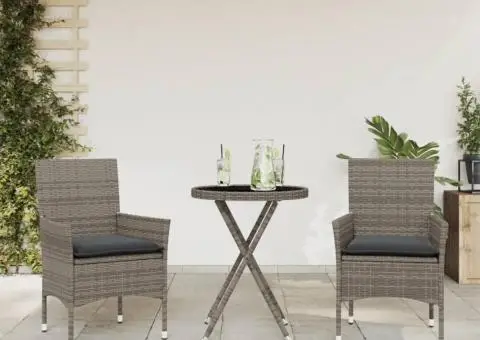 Set bistro cu perne, 3 piese, gri, poliratan și sticlă - 1/5