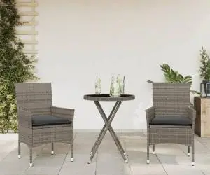 vidaXL Set bistro cu perne, 3 piese, gri, poliratan și sticlă