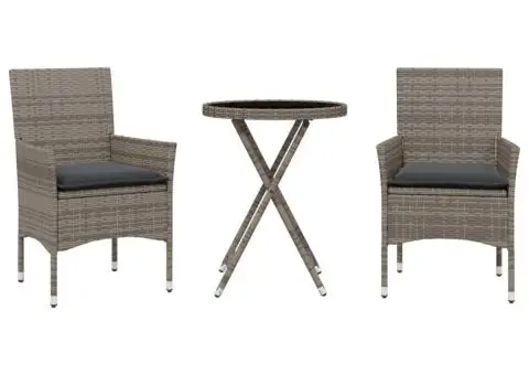 Set bistro cu perne, 3 piese, gri, poliratan și sticlă - 2/5