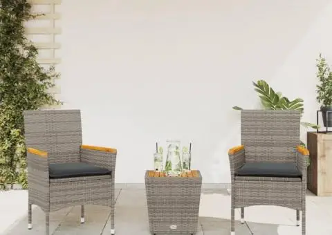 Set bistro cu perne, 3 piese, gri, poliratan și sticlă - 1/5