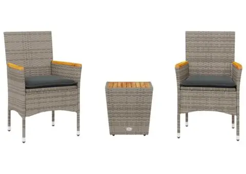 Set bistro cu perne, 3 piese, gri, poliratan și sticlă - 2/5