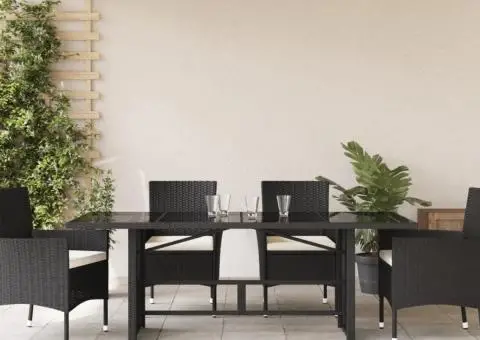 Masă grădină cu blat din sticlă, negru, 190x80x75 cm, poliratan - 3/5