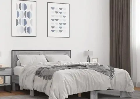 Cadru de pat, gri sonoma, 135x190 cm, lemn prelucrat și metal - 1/5