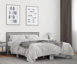 vidaXL Cadru de pat, gri sonoma, 135x190 cm, lemn prelucrat și metal
