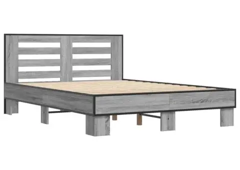 Cadru de pat, gri sonoma, 135x190 cm, lemn prelucrat și metal - 3/5