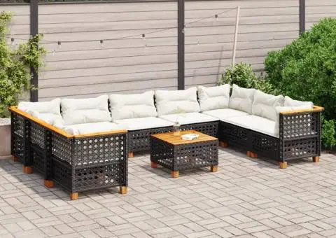 Set canapele de grădină cu perne, 10 piese, negru, poliratan - 1/5