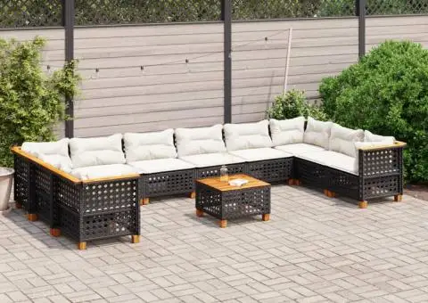 Set canapele de grădină cu perne, 11 piese, negru, poliratan - 1/5