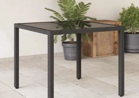 Masă grădină cu blat din sticlă, negru, 90x90x75 cm, poliratan - 1/5