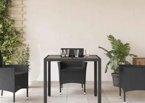 Masă grădină cu blat din sticlă, negru, 90x90x75 cm, poliratan - 3/5