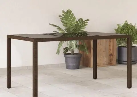 Masă de grădină cu blat din sticlă maro 150x90x75 cm, poliratan - 1/5