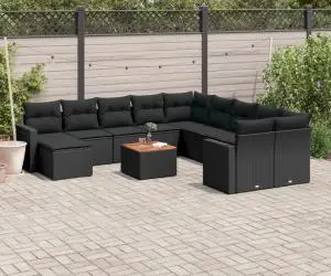 vidaXL Set canapele de grădină, 12 piese, cu perne, negru, poliratan