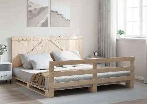 Cadru pat cu tăblie 200x200 cm, lemn masiv de pin - 1/5