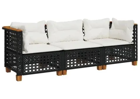 Canapea de grădină cu perne, 3 locuri, negru, poliratan - 2/5
