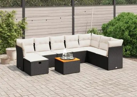 Set mobilier de grădină cu perne, 9 piese, negru, poliratan - 1/4