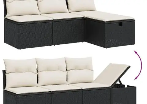 Set mobilier de grădină cu perne, 9 piese, negru, poliratan - 3/4