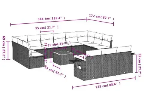 Set mobilier de grădină cu perne, 14 piese, negru, poliratan - 3/3