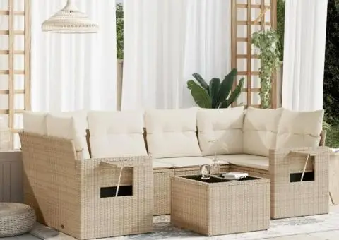 Set canapele de grădină, 7 piese, cu perne, bej, poliratan - 1/3