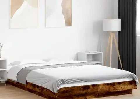 Cadru pat cu lumini LED stejar fumuriu 120x200cm lemn prelucrat - 1/5