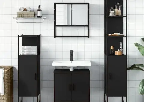 Set mobilier de baie, 4 piese, negru, lemn prelucrat - 3/5